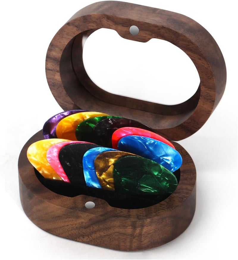 DoubleCare Walnut Guitar Pick Case Set with 12 Celluloid Picks in 3 Thicknesses, Premium Guitar Pick Holder, Mini Jewelry Box, Guitar and Bass Gift for Son, Mother, Father, Friend, Teacher - Image 1